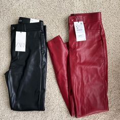 There Is One Red Pair And One Black Pair Both Are 26/Small! Red Stretch Faux Leather Bottoms, Stretch Red Faux Leather Bottoms, Red Leather Bottoms For Work, Red High Waist Faux Leather Bottoms, Red Faux Leather Pants For Fall, Red Leather Workwear Pants, Chic Red Faux Leather Pants, Red Leather Pants For Workwear, Red Leather Pants