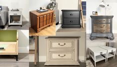 there are many different types of furniture in this collage, including two nightstands and one end table