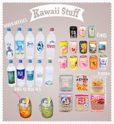 an image of various types of food and drinks on the side of a sign that says kawai stuff