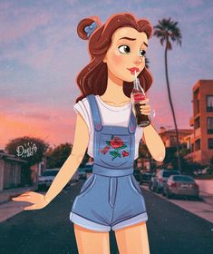 a cartoon girl drinking from a glass in the middle of an empty street with palm trees behind her