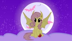 a little pony sitting on top of a cloud in front of a full moon with bats