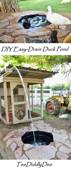 an outdoor fire pit with water coming out of it and the words diy easy dream duck pond