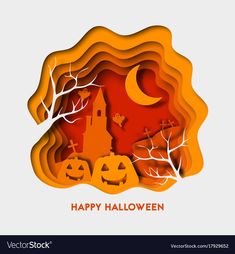 halloween card with pumpkins and castle in paper cut style on white background for happy halloween