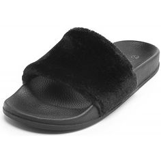 Faux Fur Soft Slide Fluffy Open Toe Single Strap Slipper Flat Sandals For Women - Black - CG1858MZR8Q - Women's Shoes, Sandals, Slides  #Slides #Women's #Shoes # #Sandals # #Slides Black Synthetic Slide Slippers, Trendy Black Slide Slippers, Flat Sandals For Women, Sandals Collection, Open Toe Slippers, Black Slides, Shoes Collection, Sandals For Women, Slides Shoes