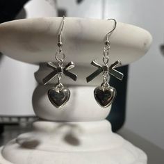 Handmade Coquette Indie Silver Bow Charm and Heart Fish Hook Plated Dangle Earrings - Etsy Shoujo Fashion, Heart Fish, Handmade Jewelry Tutorials, Silver Bow, Bow Earrings, Diy Crafts Jewelry, Girly Jewelry, Etsy Earrings Dangle, Beaded Jewelry Diy