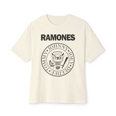 🤘 Rock out in style with our oversized t-shirt featuring the legendary rock band Ramones! 💥 Comfort and style collide in these custom boxy t-shirts. Their relaxed fit and dropped shoulders offer a modern aesthetic that's perfect for any occasion. 🎸 Crafted from 100% airlume, ring-spun, and combed cotton, these shirts are incredibly soft for maximum comfort. (Athletic Heather is 90% airlume combed and ring-spun cotton, 10% polyester) 🤘 Whether you're hitting a concert or just chilling with friends, our oversized tee will keep you looking cool and feeling comfy all day long. Add it to your wardrobe and rock on with the Ramones! 🎶 Garment Info:✨Unisex oversized boxy tee is soft and durable!✨Medium fabric (6.0 oz/yd² (170 g/m²)) ✨Relaxed fit ✨Tear away label ✨100% Airlume combed and ring- Rock Band Logo T-shirt Relaxed Fit, Rock Band Logo T-shirt In Relaxed Fit, Rock Style Band Logo T-shirt With Relaxed Fit, Rock Style Band Logo T-shirt In Relaxed Fit, White Rock And Roll T-shirt For Streetwear, Rock And Roll White T-shirt For Streetwear, Trendy Band Logo T-shirt In Relaxed Fit, Trendy Relaxed Fit T-shirt With Band Logo, White Crew Neck Rock T-shirt