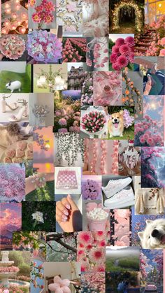 a collage of pink and white pictures with flowers, trees, and other things