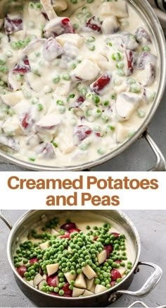 two pictures with peas and cream in them, one is cooked and the other has cranberry potatoes and peas