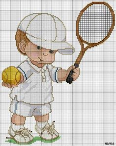 a cross stitch baby holding a tennis racket and ball