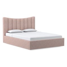 a bed with a headboard and pillows on top of it, against a white background