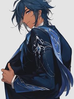 an anime character with black hair and blue eyes, wearing a dark suit while holding his hands on his hips