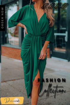 Ruched V Neck Bat Slit Wrap Dress Dress Women Elegant, Midi Wrap Dress, Mini Tank Dress, Summer Fashion Dresses, Puff Long Sleeves, Neck Bodycon Dress, Birthday Party Dress, Head Over Heels, Draped Dress