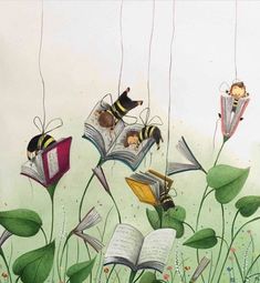 children are reading books while flying through the air above flowers and plants with bees on them