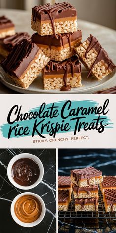 A collage of chocolate caramel Rice Krispie treats, including a plate with stacked treats and bowls of melted chocolate and caramel. Highlighting the preparation process and finished dessert. Keywords: Rice Krispie treat collage, caramel and chocolate bowls, dessert preparation, stacked treats. Candy Bar Rice Krispie Treats, Caramel Marshmallow Rice Krispie Balls, Rice Crispy Bars, Creamy Pie, Gooey Caramel, Christmas Recipe