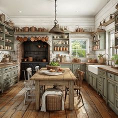 an old fashioned kitchen with wooden floors and green cabinets