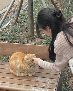 a woman petting an orange cat on top of a wooden bench