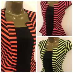 SIZE UPThese dresses are on the small side - we recommend sizing up. Rock out in this totally bodacious 80's neon dress! This retro looking dress is perfect for capturing the 1980's fashion trend.  Available in neon green, pink or coral! The peplum top is attached to a black fitted mini pencil dress - looks like a jacket over a dress Pair with a headband, jewelry, gloves, fishnet stockings or leg warmers to get the full 80s vibe. Made from polyester / elastane - material has some stretch The dresses are on the small side so we recommend sizing up BRAND NEW WITH TAGS Striped Fitted V-neck Mini Dress, Multicolor Peplum Dress For Party, Multicolor Fitted Peplum Dress, Fitted Striped Lined Mini Dress, Striped Fitted Mini Dress Lined, Striped Fitted Mini Dress For Party, Fitted Striped Mini Dress For Party, Striped Fitted Mini Dress With Lining, Trendy Striped Party Dresses