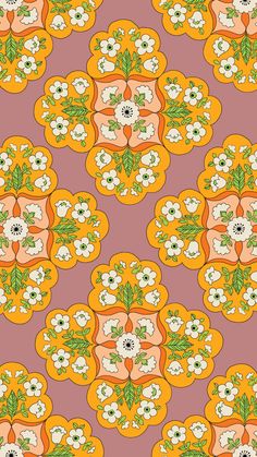 an orange and pink pattern with white flowers on the bottom, and green leaves in the middle