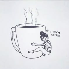 a drawing of a woman sitting on the ground in front of a coffee cup with steam coming out of it