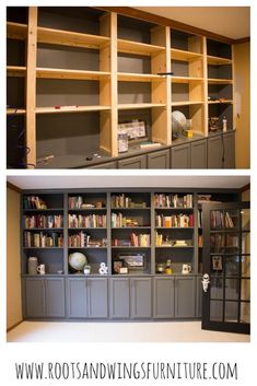 two pictures side by side with the same bookshelf in different stages of being built