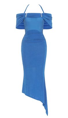 HIGH NECK FRILL MIDI DRESS IN BLUE Evening Dresses Midi, Yoke Top, Plus Size Corset, Garden Party Dress, Romper And Jacket, Cocktail Attire, Cocktail Parties, Floor Length Dresses, Blue Midi Dress