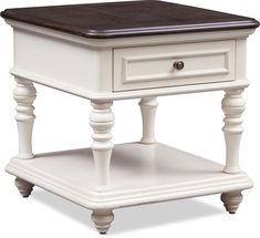 an end table with a drawer on the top and one drawer at the bottom that is open