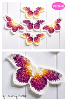 crocheted butterflies are shown in two different colors