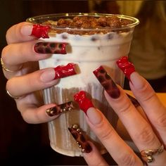 Red Nails With Leopard, Nails With Leopard Print, Fall Nails Square, Leopard Print Nails, Glow Nails, Nails Square, Really Cute Nails