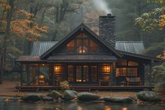 a cabin in the woods is lit up at night