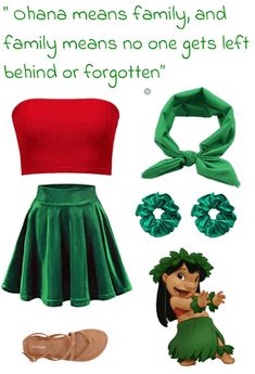 an image of a woman's outfit and accessories for her costume contest, with the caption ohana means family and family means no one gets left behind or forgotten