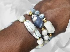 Set of 3 beautiful Agate, Electroplated Tibetan Agate and Aquamarine gemstone bracelets Aromatherapy Crafts, Elegant Color Palette, Gray Flower, Aquamarine Bracelet, Grey Flowers, Bracelets Set, Elegant Color, Bracelet Design, Bracelet Ideas