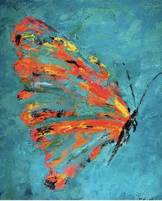 a painting of a colorful butterfly on a blue background