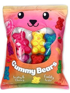 a bag of gummy bears sitting on top of a white surface with an orange and pink background