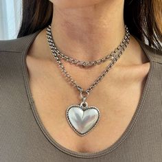 "pipi" Heart necklace extra long edition .-  this is an easy to wear  heart necklace made of chunky steel rolo chain with medium thickness aprox 0.6 cm. chain is  decorated with a large heart pendant made of silver plated zamac .  total length aprox 85   cm . closure can be adjusted on any link of the chain .  this piece is super long and it meant to be worn twice .    heart size aprox :  3.5 x 3.5 cm  RETURNS Please in case you wish to return an item ,  first contact me .  In order to return yo Twice Heart, Heart Necklace Silver, Double Necklace, Necklace Big, Large Heart, Silver Heart Necklace, First Contact, Rolo Chain, Big Heart