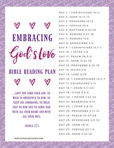 the embracing god's love bible reading plan is shown in purple with hearts on it