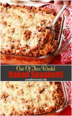 baked spaghetti casserole with meat and cheese in a glass baking dish on a red cloth