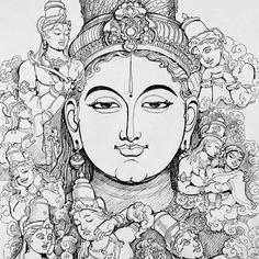 an ink drawing of buddha surrounded by other deities