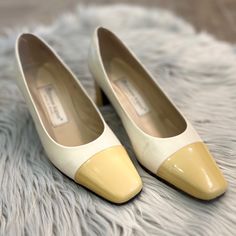 Etienne Aigner Vintage Leather Spectator Pumps Cream And Gold Size 7 Great Quality Spanish Leather. Please See Photos For Detailed Condition. One Owner And Have Been Wrapped And Put Away. The Small Flaws Do Not Stand Out While Wearing The Shoes, But You Can Also Have The Shoes Polished And They Would Look Brand New Again. The Leather Quality Is Stunning! Make Me An Offer Yellow Almond Toe Court Shoes For Spring, Yellow High Heel Court Shoes For Formal Occasions, Yellow Block Heels For Formal Occasions, Yellow Court Shoes For Spring, Formal Yellow Block Heel Heels, Formal Yellow Block Heels, Yellow Court Shoes With 4-inch Heel And Round Toe, Yellow Pointed Toe Court Shoes For Formal Occasions, Yellow Closed Toe Heels For Formal Occasions