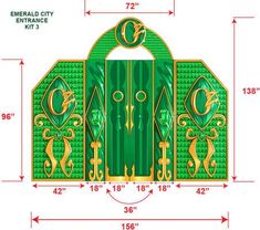 a green and gold door with numbers on it's sides, surrounded by measurements