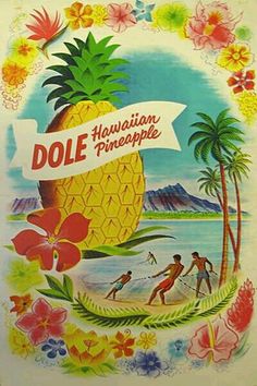 an advertisement for hawaiian pineapples on the side of a white plate with flowers and palm trees