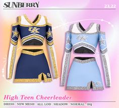 two cheerleader uniforms are shown on a pink and blue background