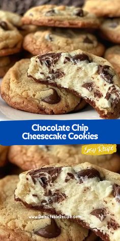 chocolate chip cheesecake cookies are stacked on top of each other