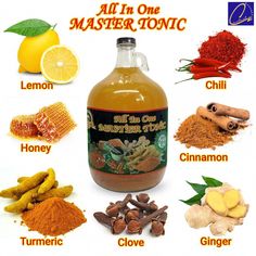 all in one master tonic is made with lemon, cinnamon, turment, clove and ginger