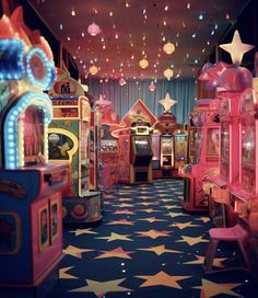 a room filled with lots of colorful machines and lights