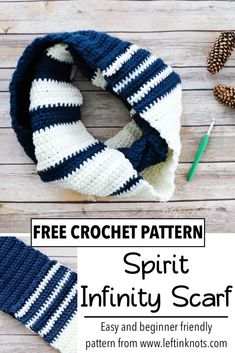 the free crochet pattern for a striped scarf with text overlay that reads, free crochet pattern spirit infinity scarf easy and beginner friendly