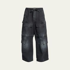 Balenciaga cargo pants with fading and distressing Regular rise Button and drawstring fastening Multiple pockets Full length Wide legs Cotton/polyester Made in Italy Utility Style Washed Black Pants With Cargo Pockets, Utility Style Washed Black Cargo Pants, Balenciaga Cargo Pants, Balenciaga Pants, Balenciaga Mens, Wide Legs, Bergdorf Goodman, Kanye West, Cargo Pants