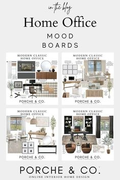 the home office mood board is shown in black and white