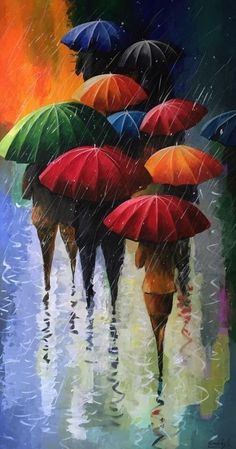 a painting of people walking in the rain with umbrellas over their heads as if they were holding hands