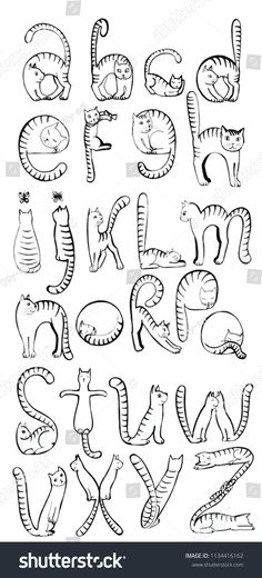 hand drawn alphabet with cats and dogs in black ink on white paper stock photo, royalty illustration