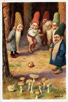 an image of gnomes playing in the woods with mushrooms and mushrooms on the ground